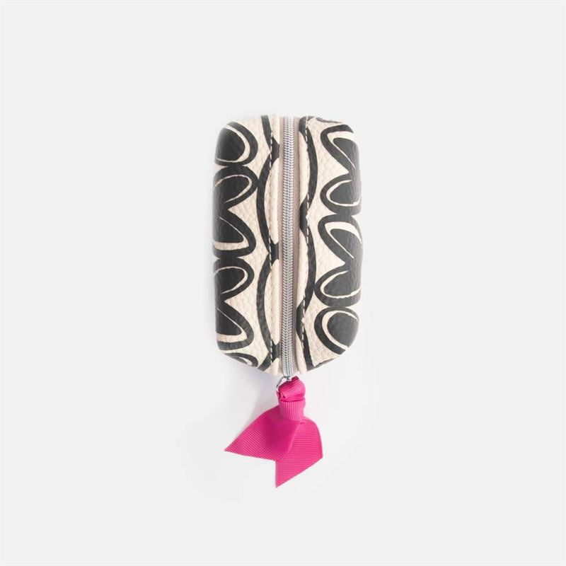 Small cosmetic bag with black heart pattern and pink ribbon on a white background