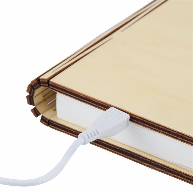 Wooden book with a white cable running through it on a white background