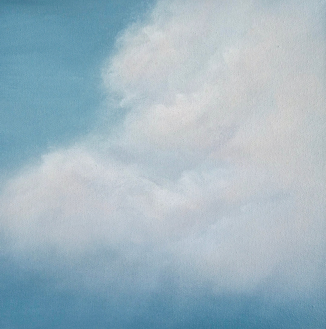 Painting with cloudy sky with soft white clouds against a light blue background