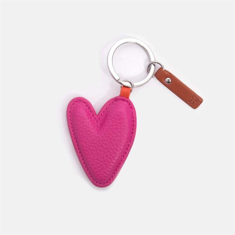 Pink heart-shaped keychain with a brown strap on a white background