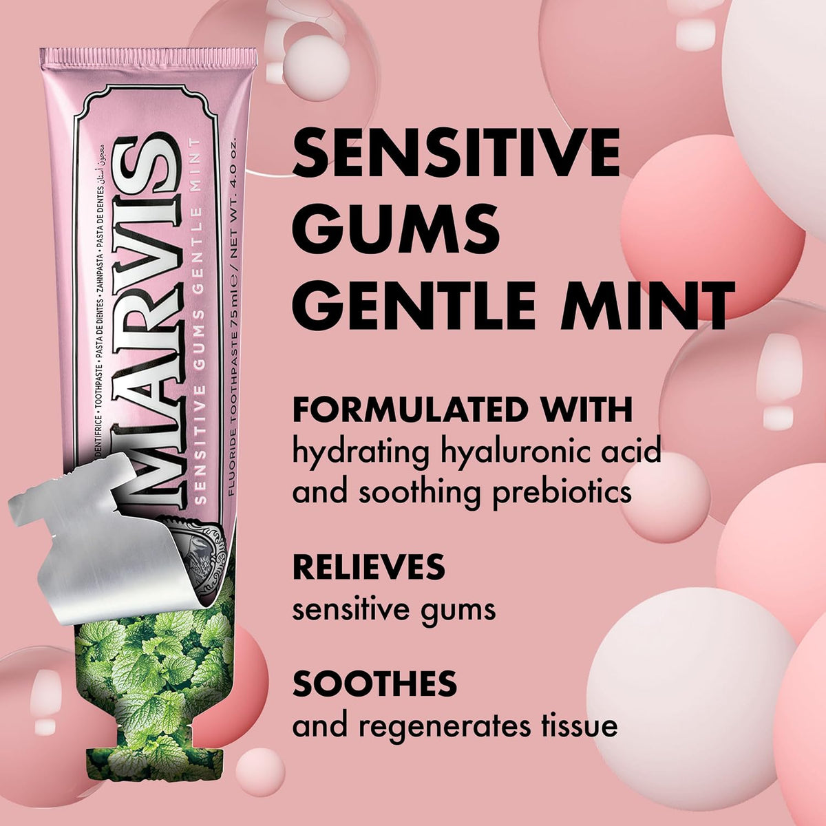 Marvis Sensitive Gums Gentle Mint toothpaste tube on a pink background with product details.