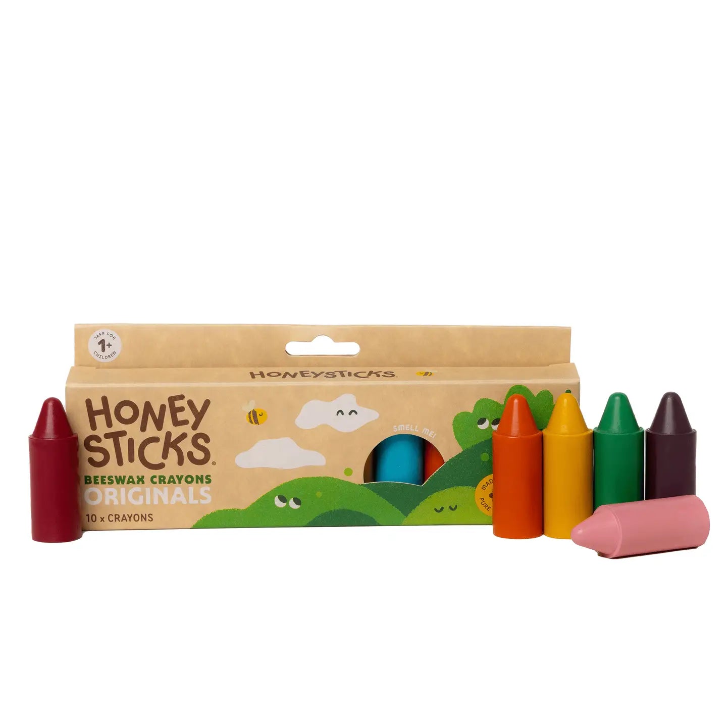 Box of Honey Sticks beeswax crayons with colorful crayons displayed in front on a white background