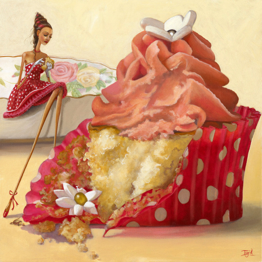 Illustration of a cupcake with a slice taken out, a fairy in the background, and a yellow background.