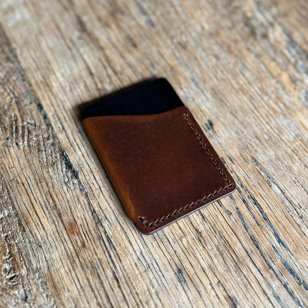 Brown leather wallet on a wooden surface