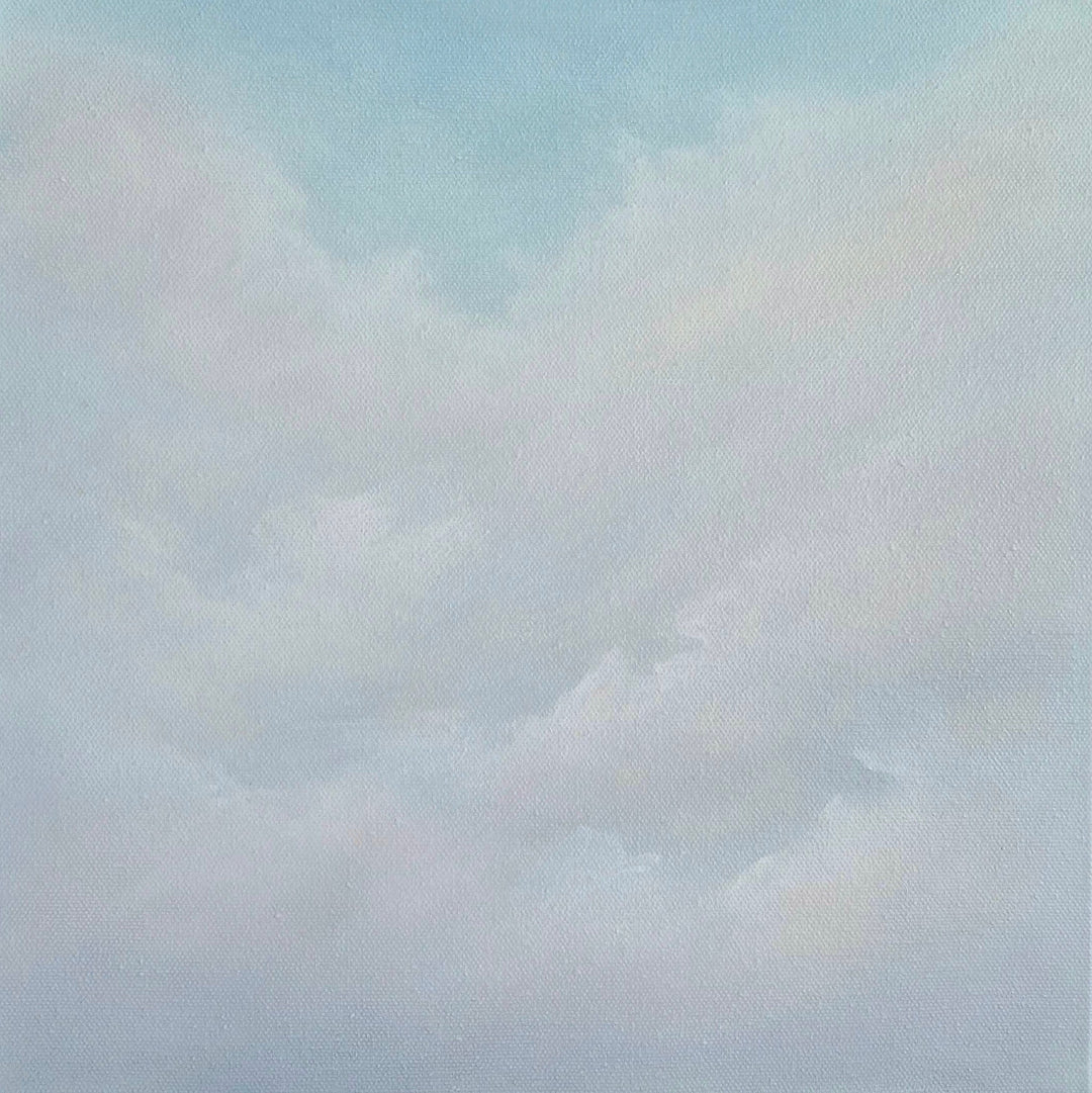 Painting of gradient of blue and pink clouds.