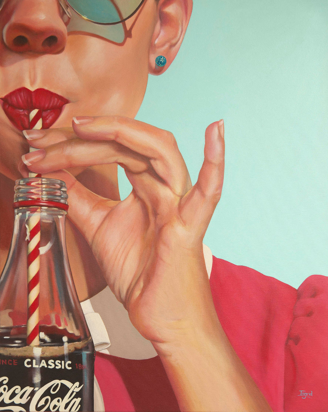Artistic depiction of a person drinking from a Coca-Cola bottle with a straw against a light green background.