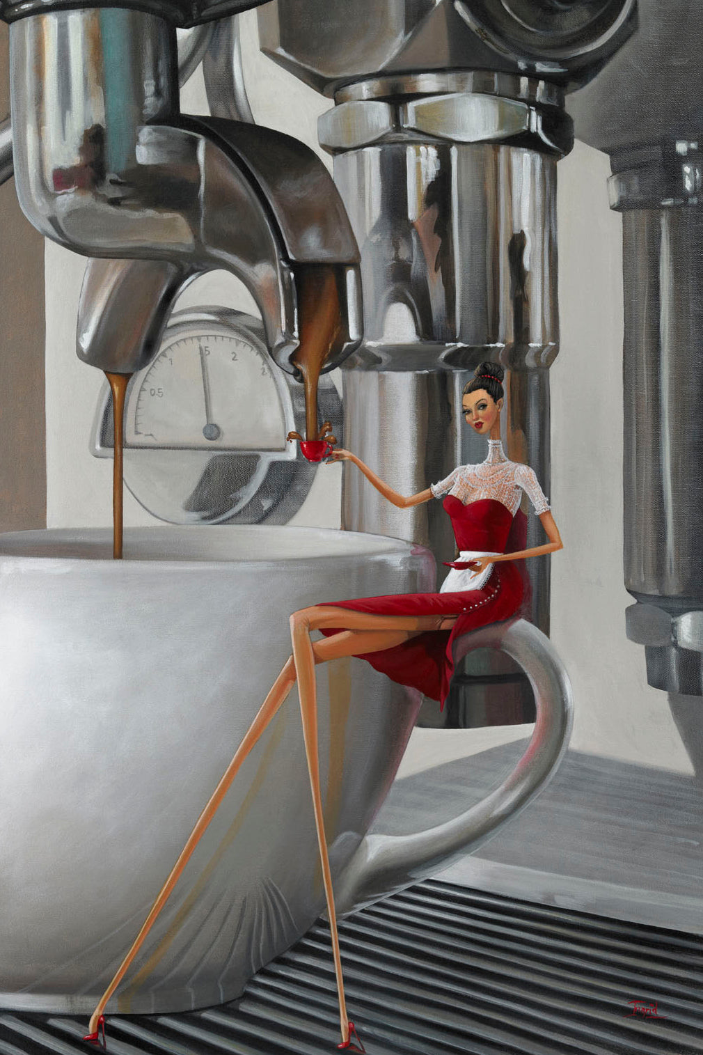 Artistic depiction of a woman sitting on a coffee cup with a coffee machine pouring coffee.