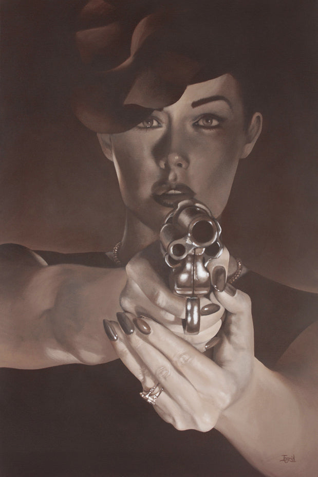 Artistic depiction of a woman holding a revolver with a dark background