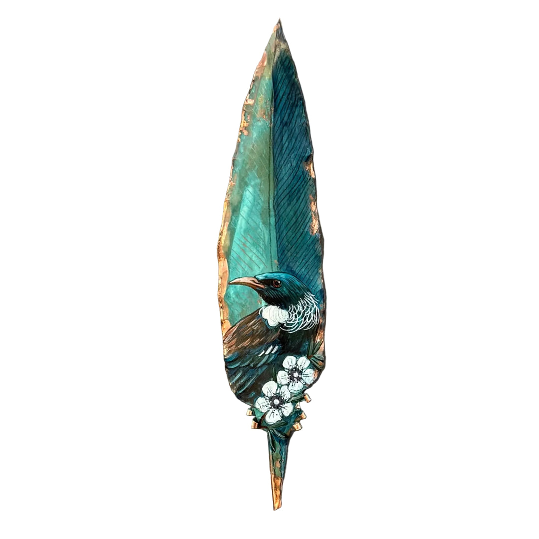 Copper feather wall art hand painted with a Tui bird on Manuka flowers against a white background.