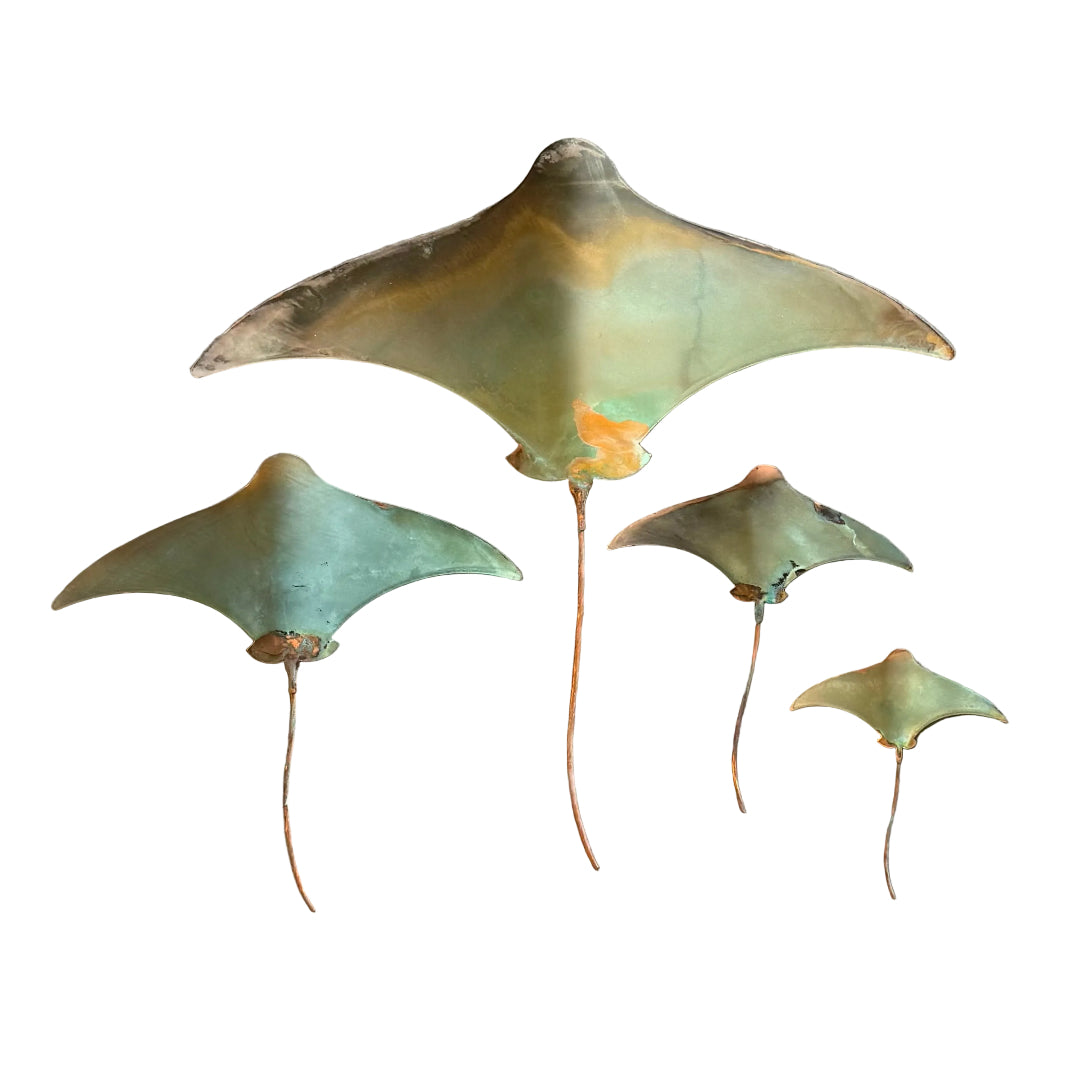 Four copper stingrays on a white surface