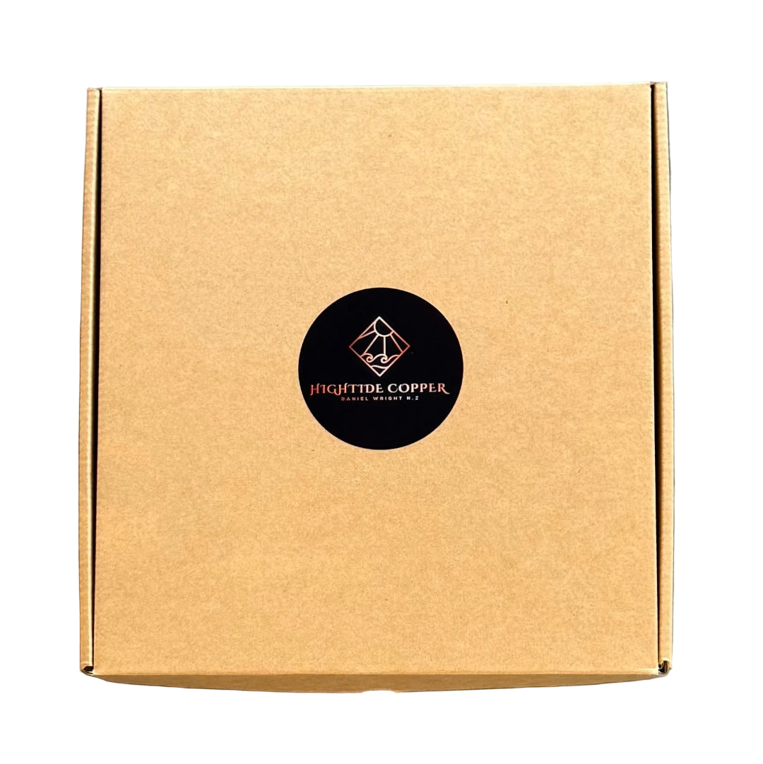 Kraft paper box with a logo on a white surface