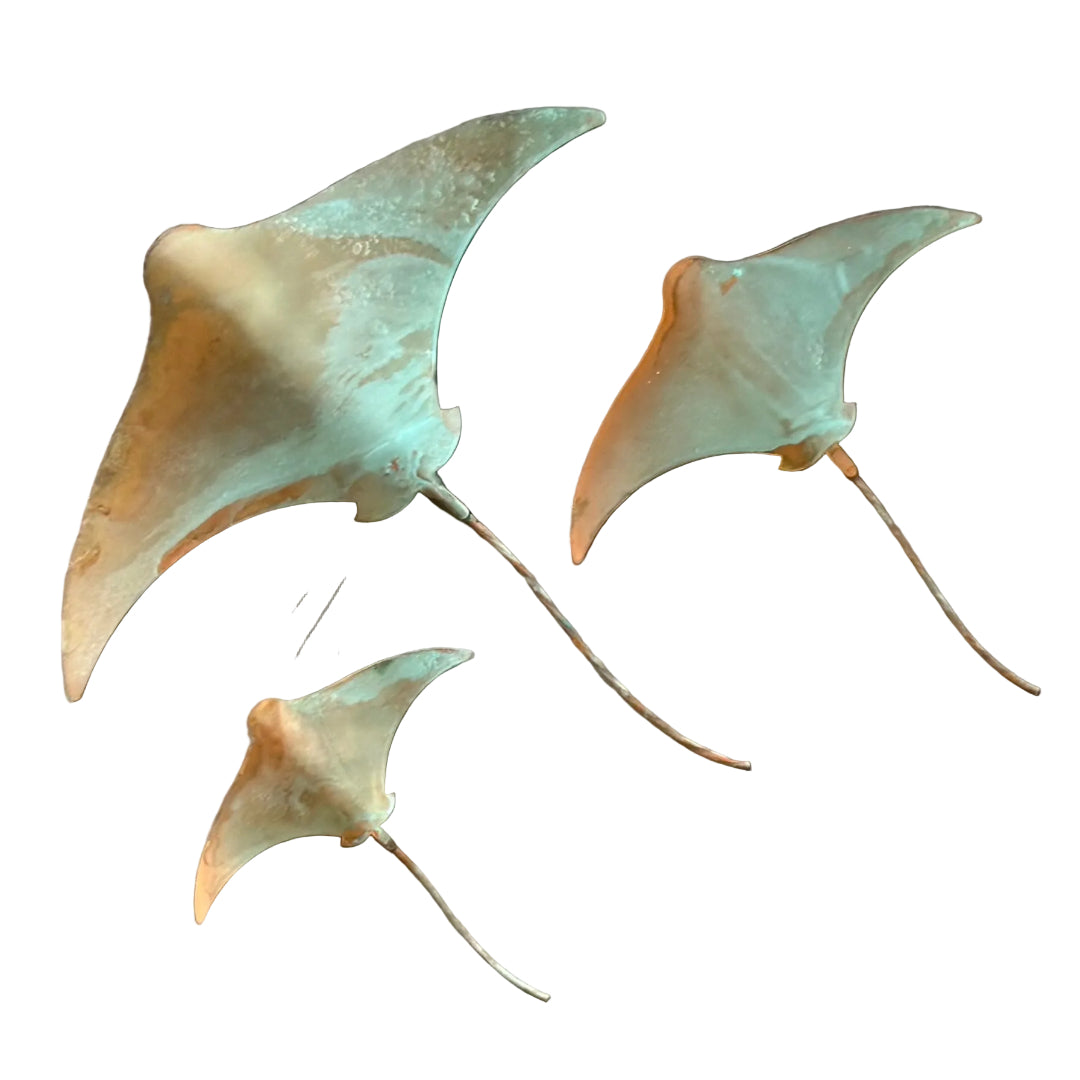 Three patina'd copper stingray wall sculptures on a white background