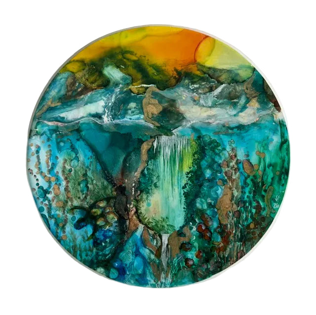 Round painting with a colorful landscape design on a white background