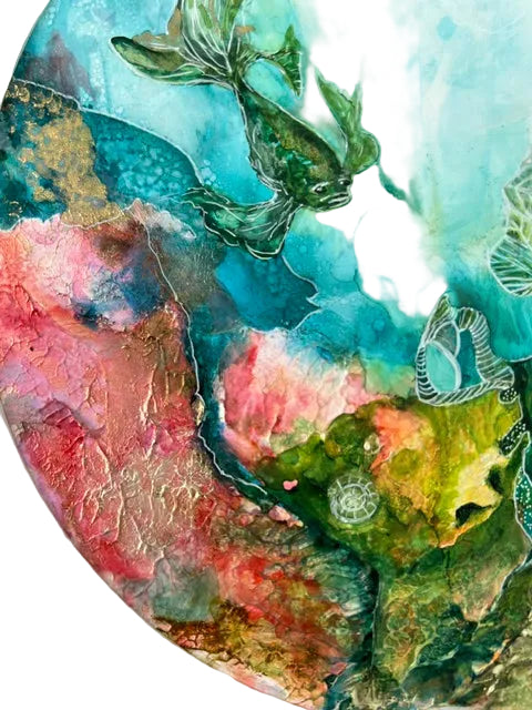Colorful abstract artwork with a fish and underwater scene