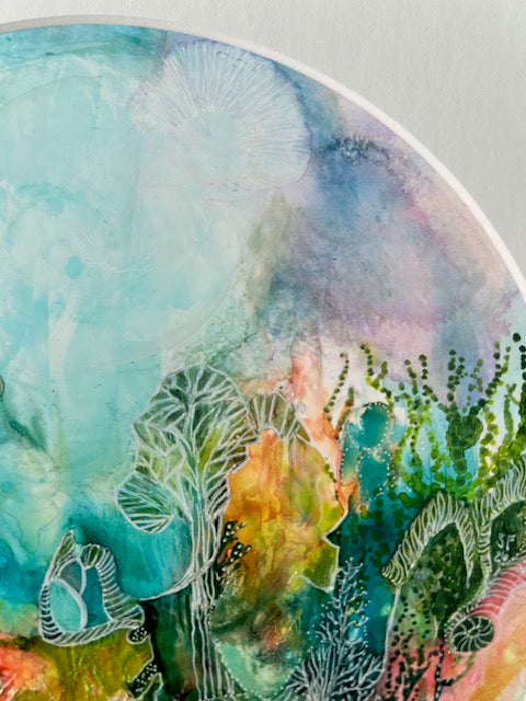 Colorful abstract painting with floral elements on a white background