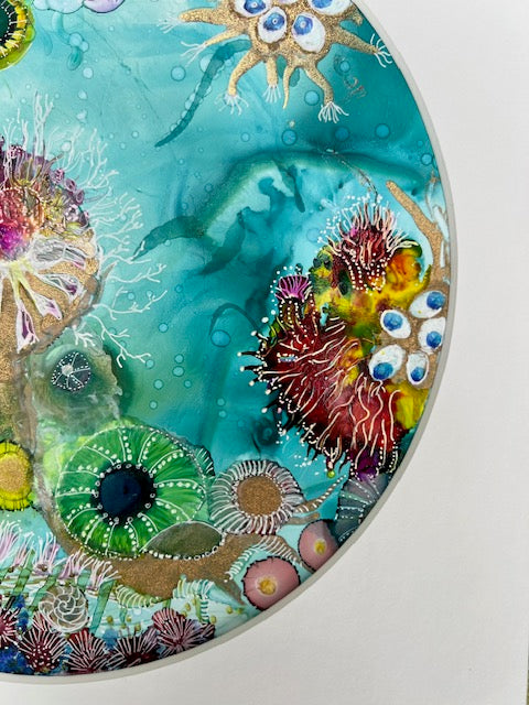Colorful coral reef artwork on a white background
