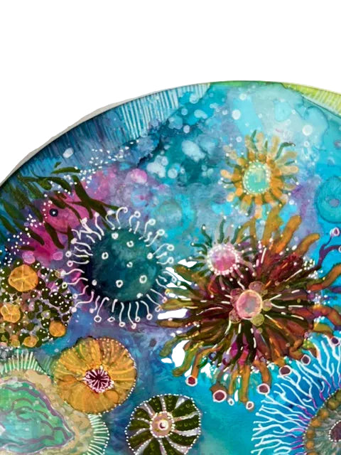 Colorful underwater scene with various sea creatures on a circular background