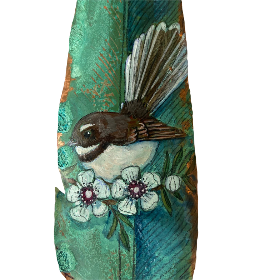 Fantail With Manuka Flower On Copper Feather