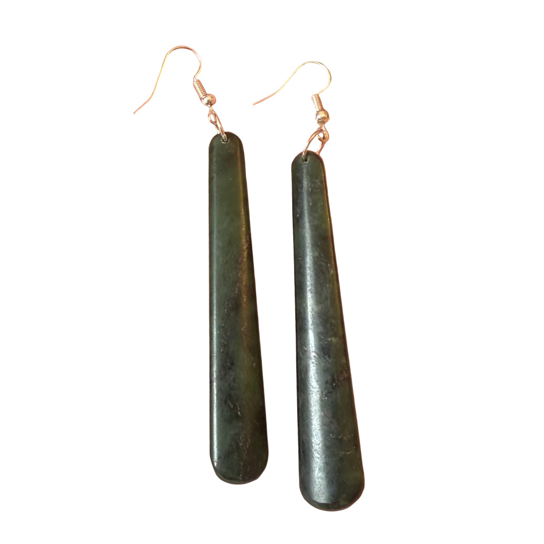 Pair of dark green drop greenstone earrings on a white background