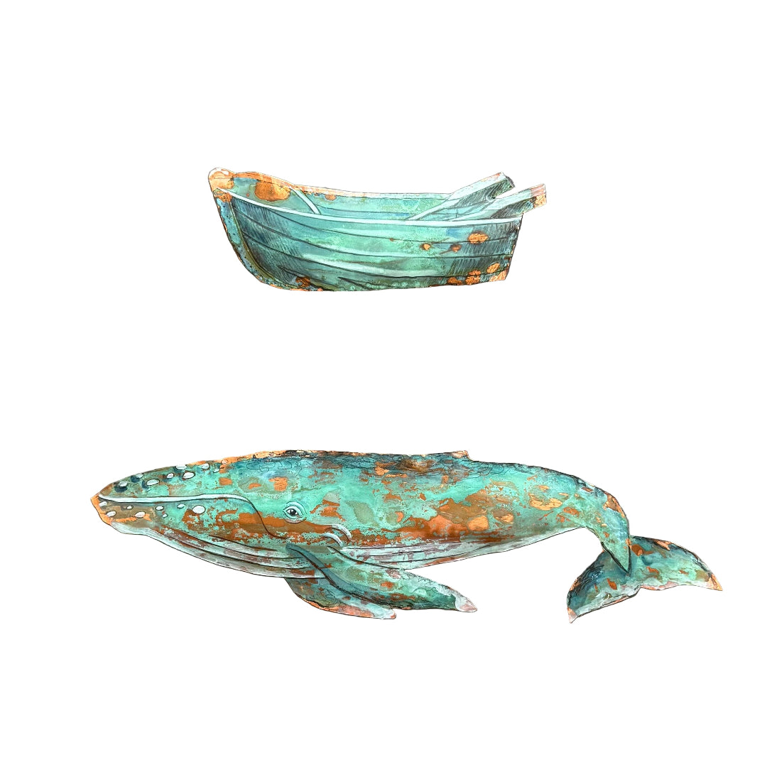Copper dinghy over a copper whale on a white background