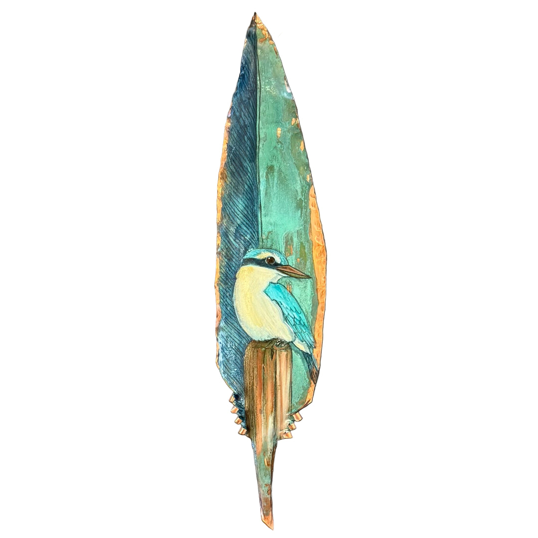 Decorative copper feather with a painted Kingfisher bird on a white background
