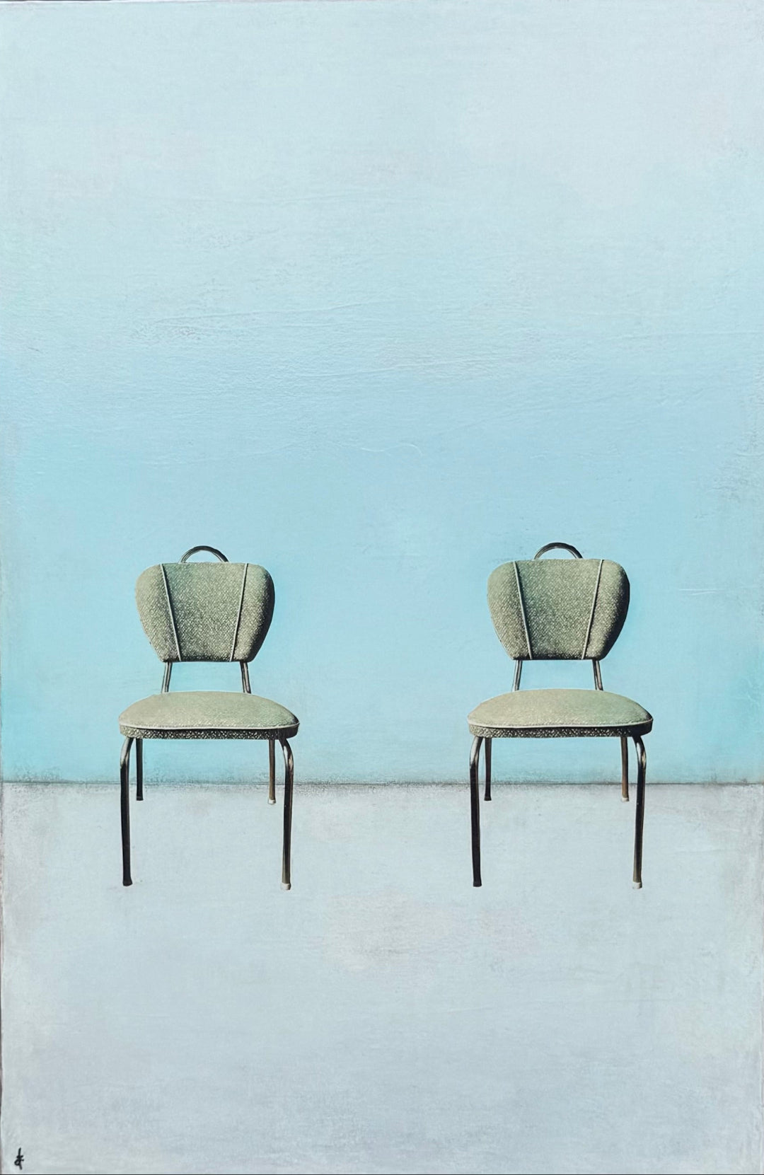 A painting of two vintage-style chairs against a light blue wall.