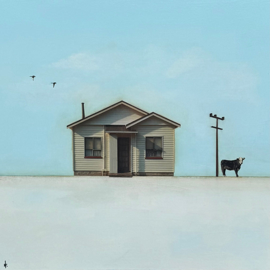 A painting of a small house with a cow standing nearby on a plain background