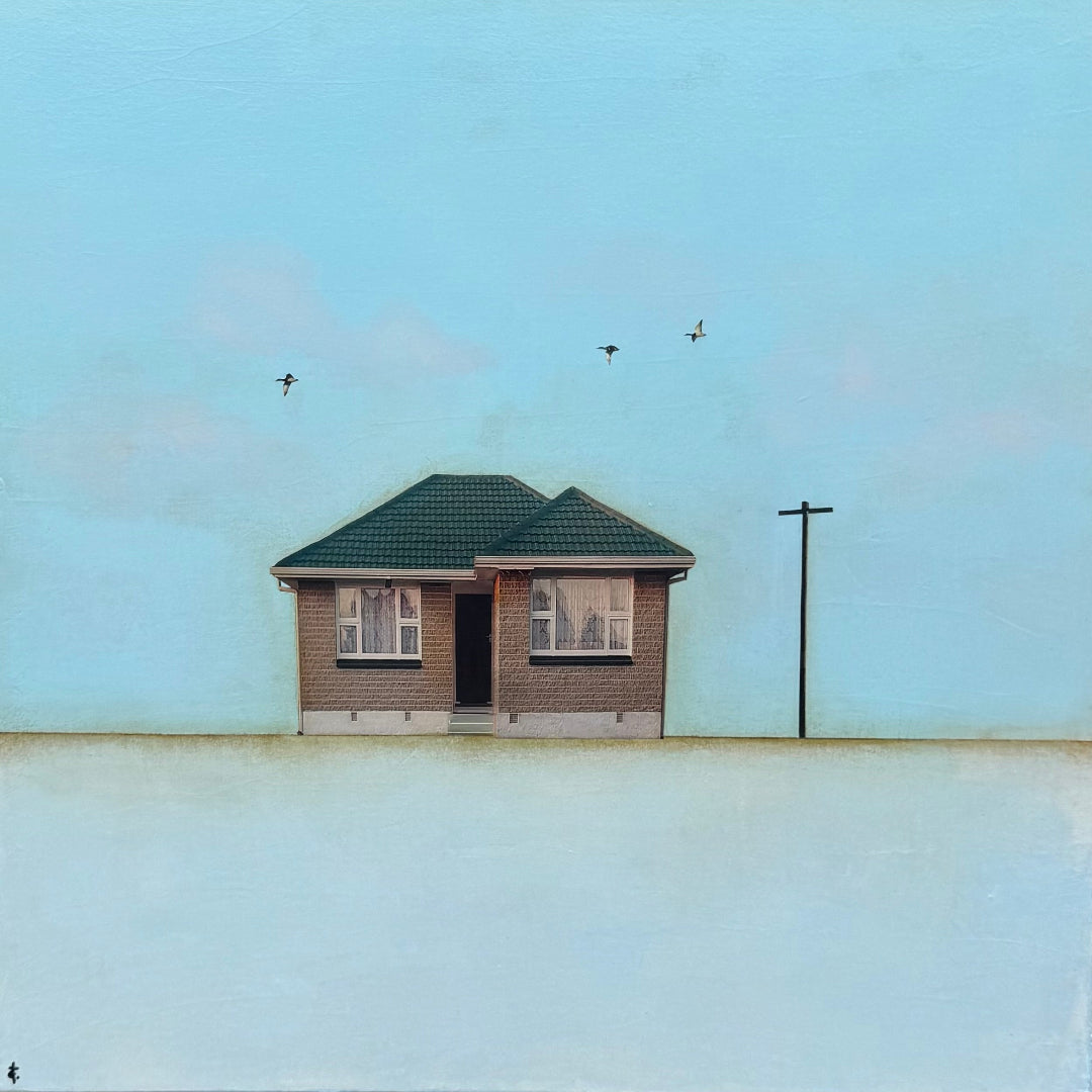 A painting of a small brick house with a green roof against a blue sky