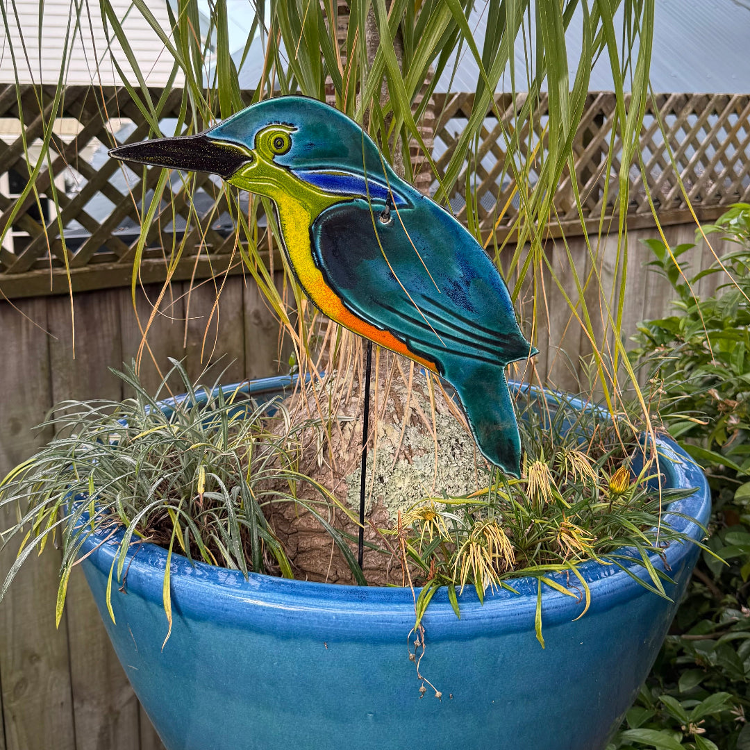 Ceramic Kingfisher on garden stake in pot plant