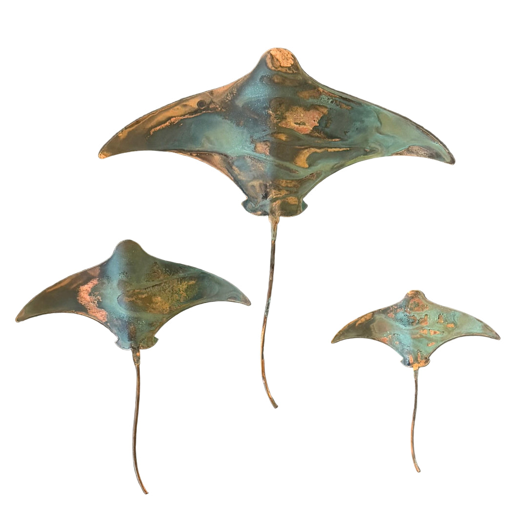 Three copper stingrays on a white background