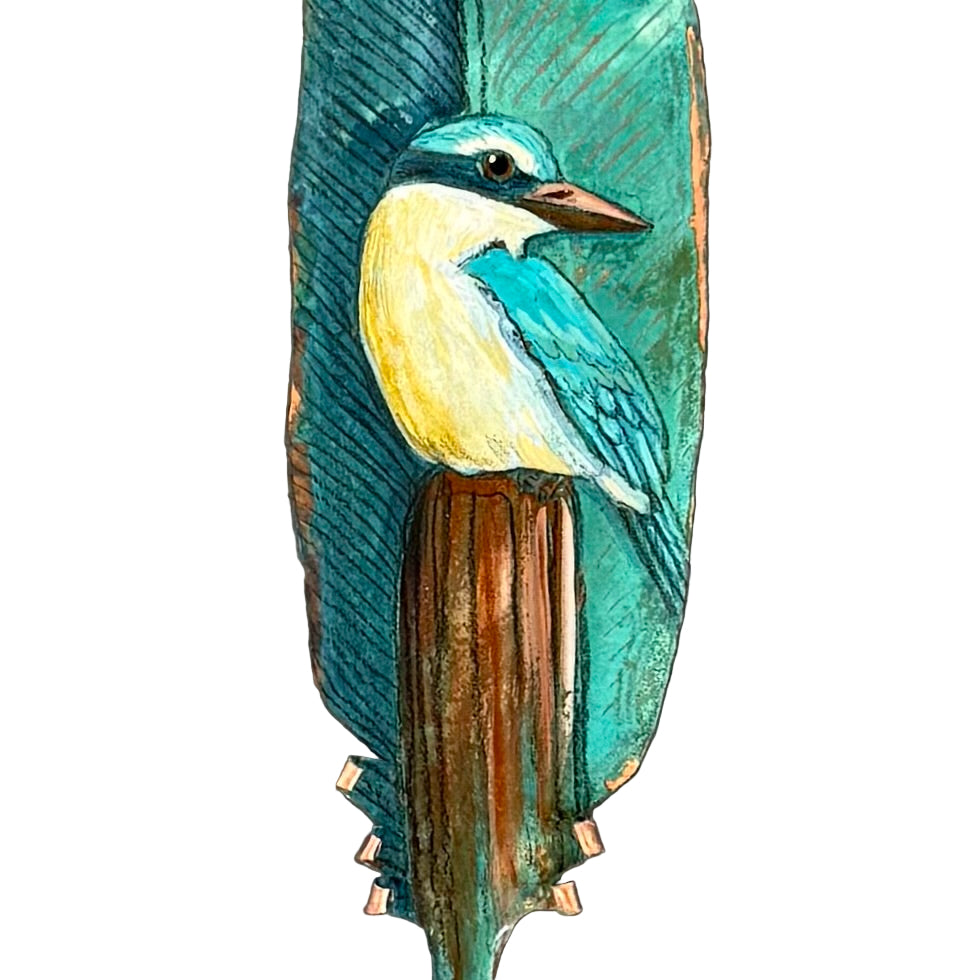 Decorative copper feather with a painted Kingfisher bird on a white background