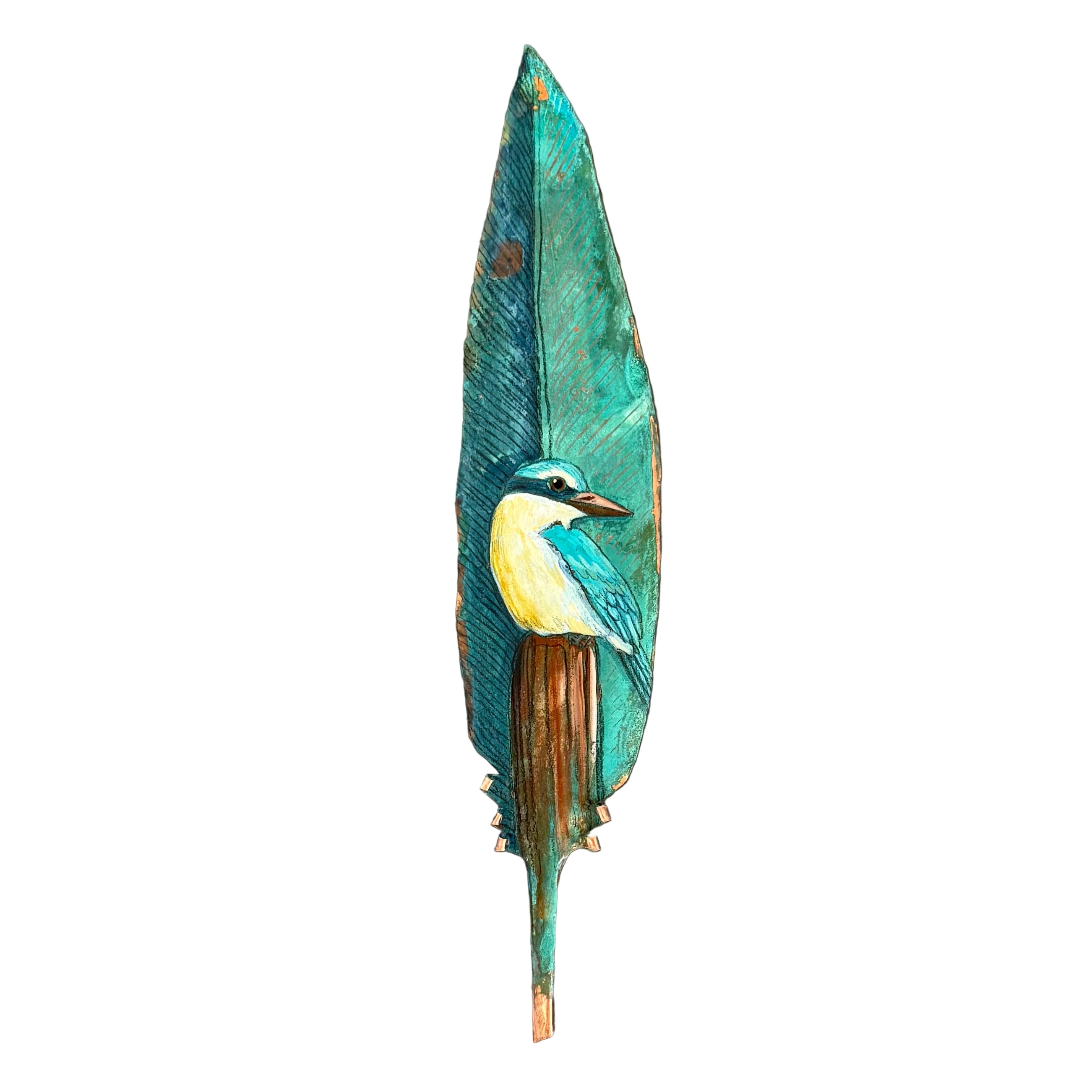 Decorative copper feather with a painted Kingfisher bird on a white background