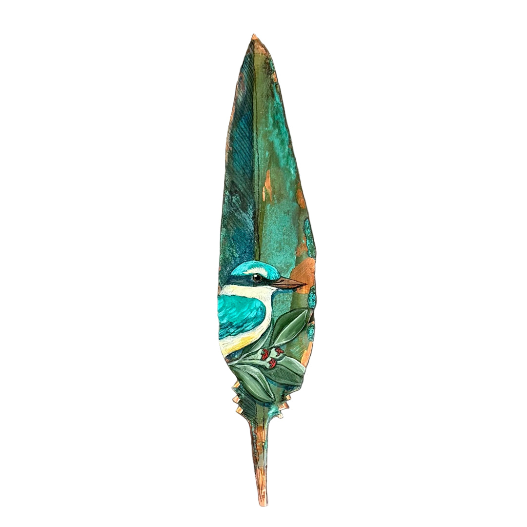 Decorative copper feather with a painted Kingfisher bird on a white background