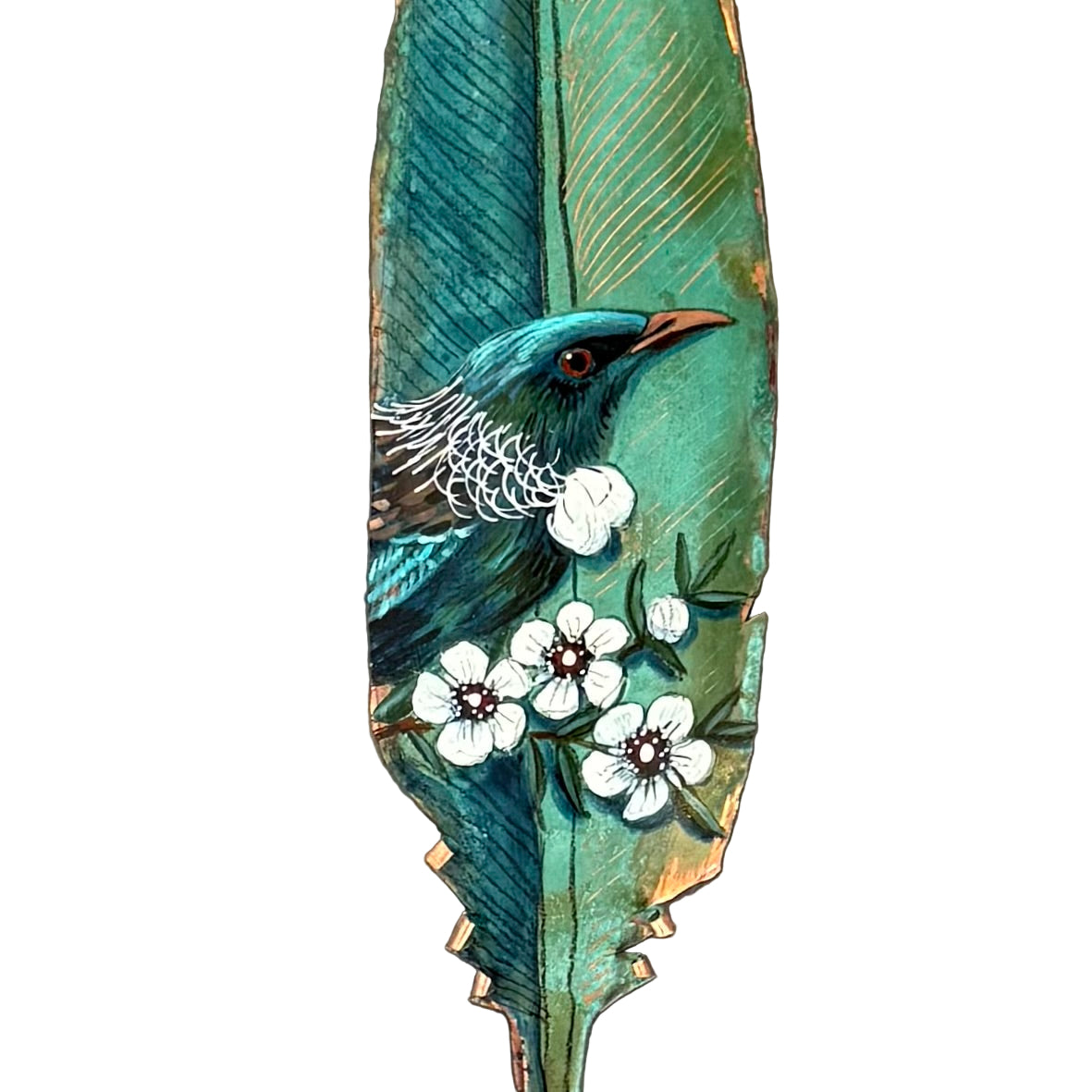 Decorative copper feather with a painted Tui bird on a white background
