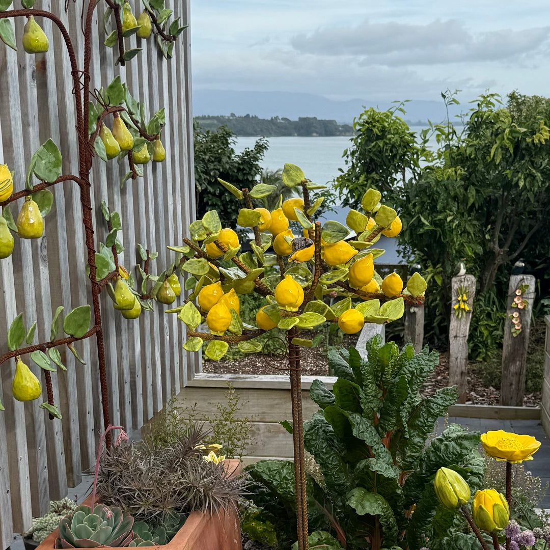 Garden scene with a ceramic espaliered pear tree against a wall.