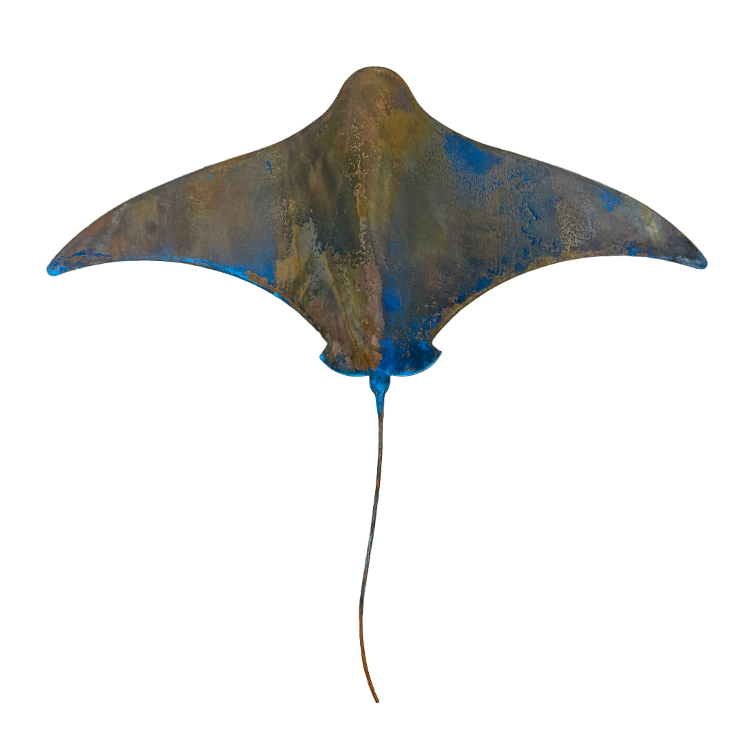 Copper stingray sculpture on a white back ground