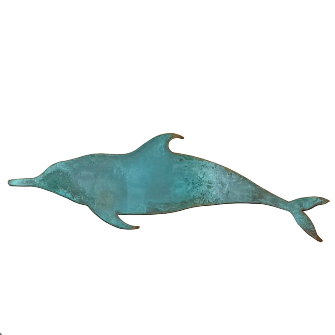 Copper dolphin sculpture on a white background