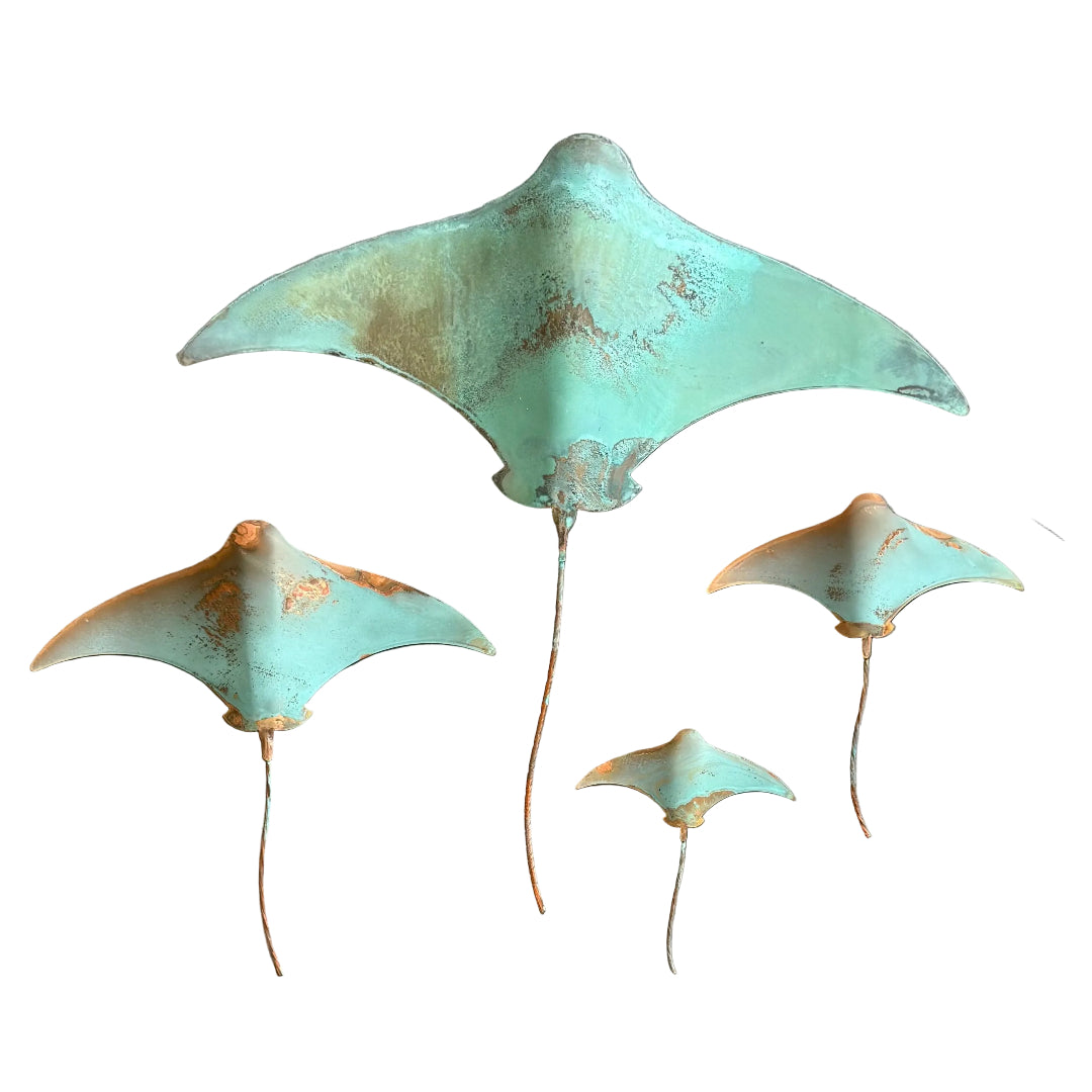 Set of four copper stingrays on a white background