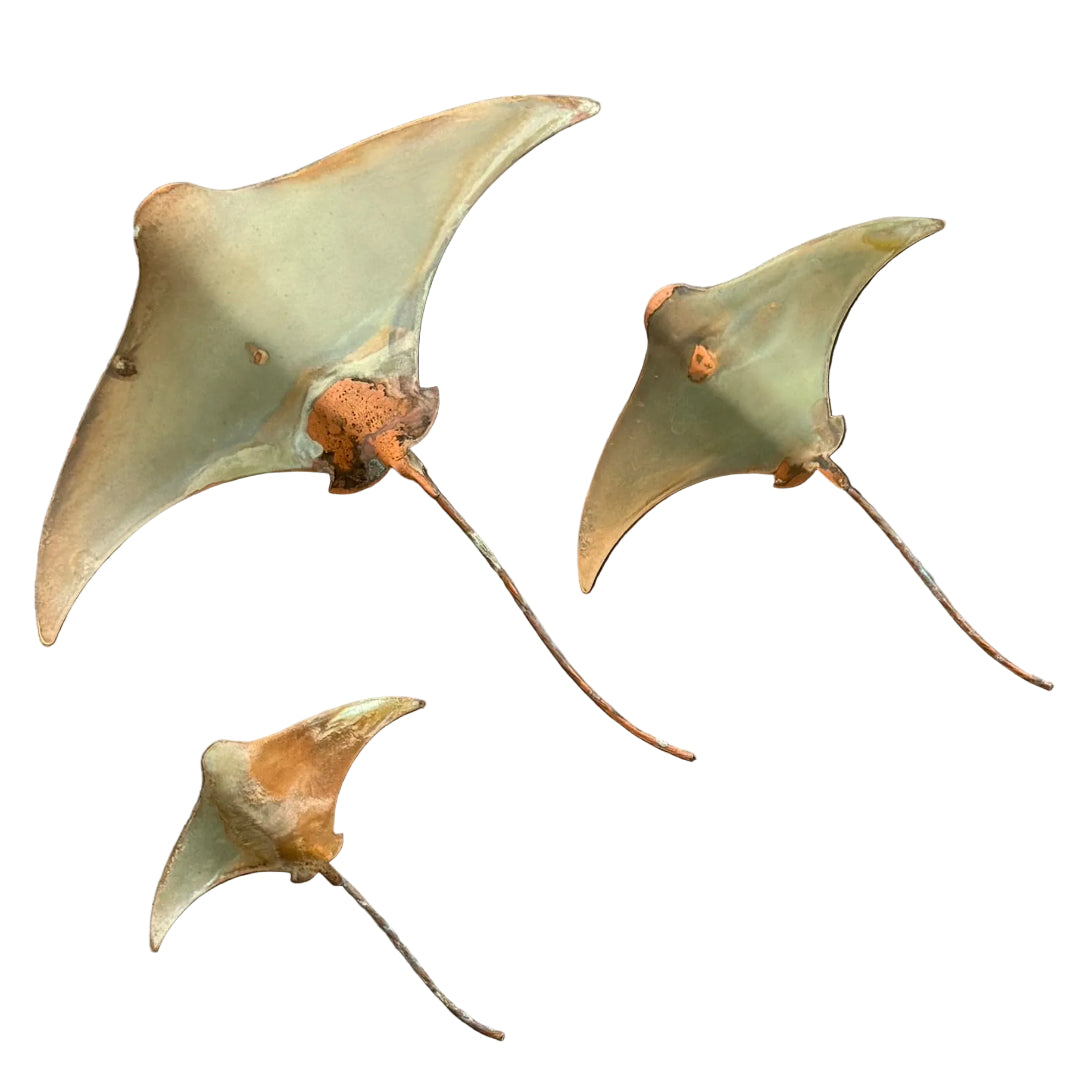 Three copper stingrays on a white surface