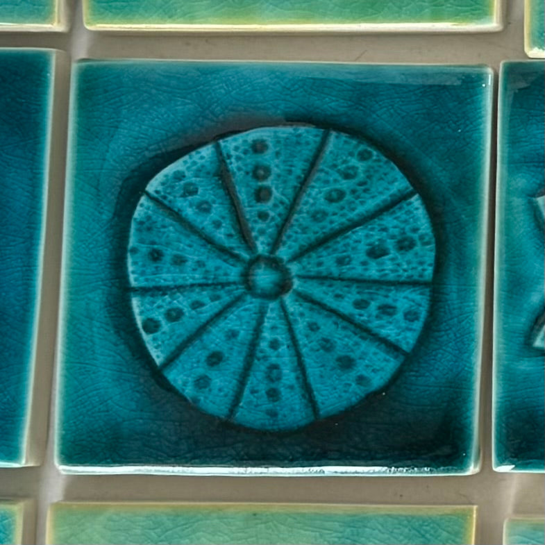 Close-up of a blue ceramic tile with a kina shell design