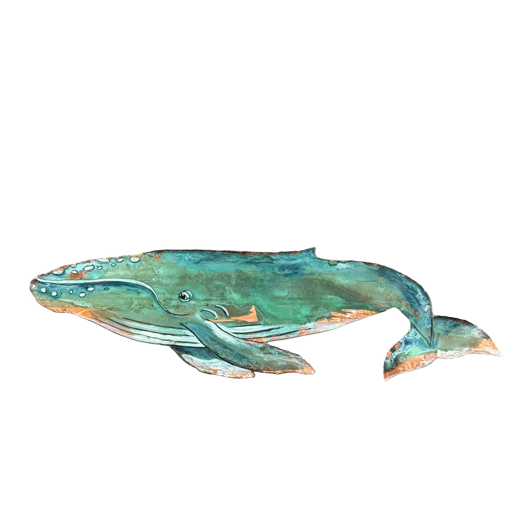 Copper green whale wall sculpture on a white background