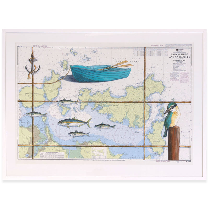 Map-themed wall art with a boat, fish, and bird on a tiled background