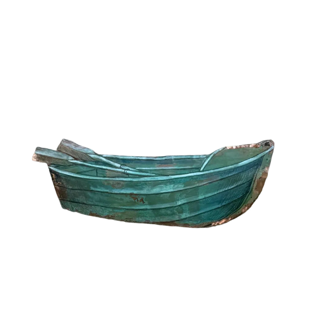 Small copper green dinghy wall art on a white background