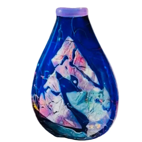 Colorful abstract design on a blue vase on a white background