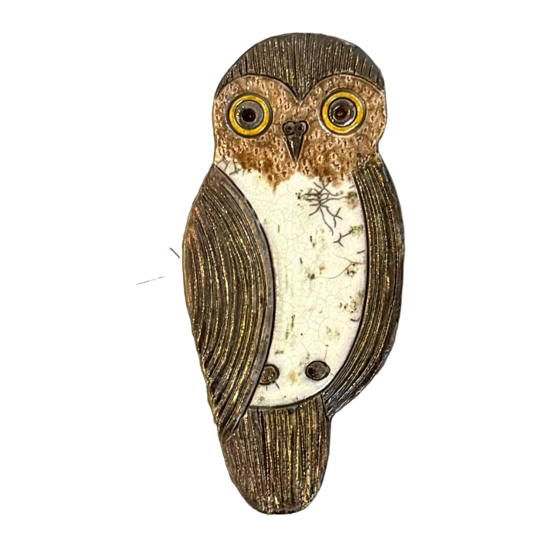 Raku fired ceramic Morepork shaped wall tile on a white background
