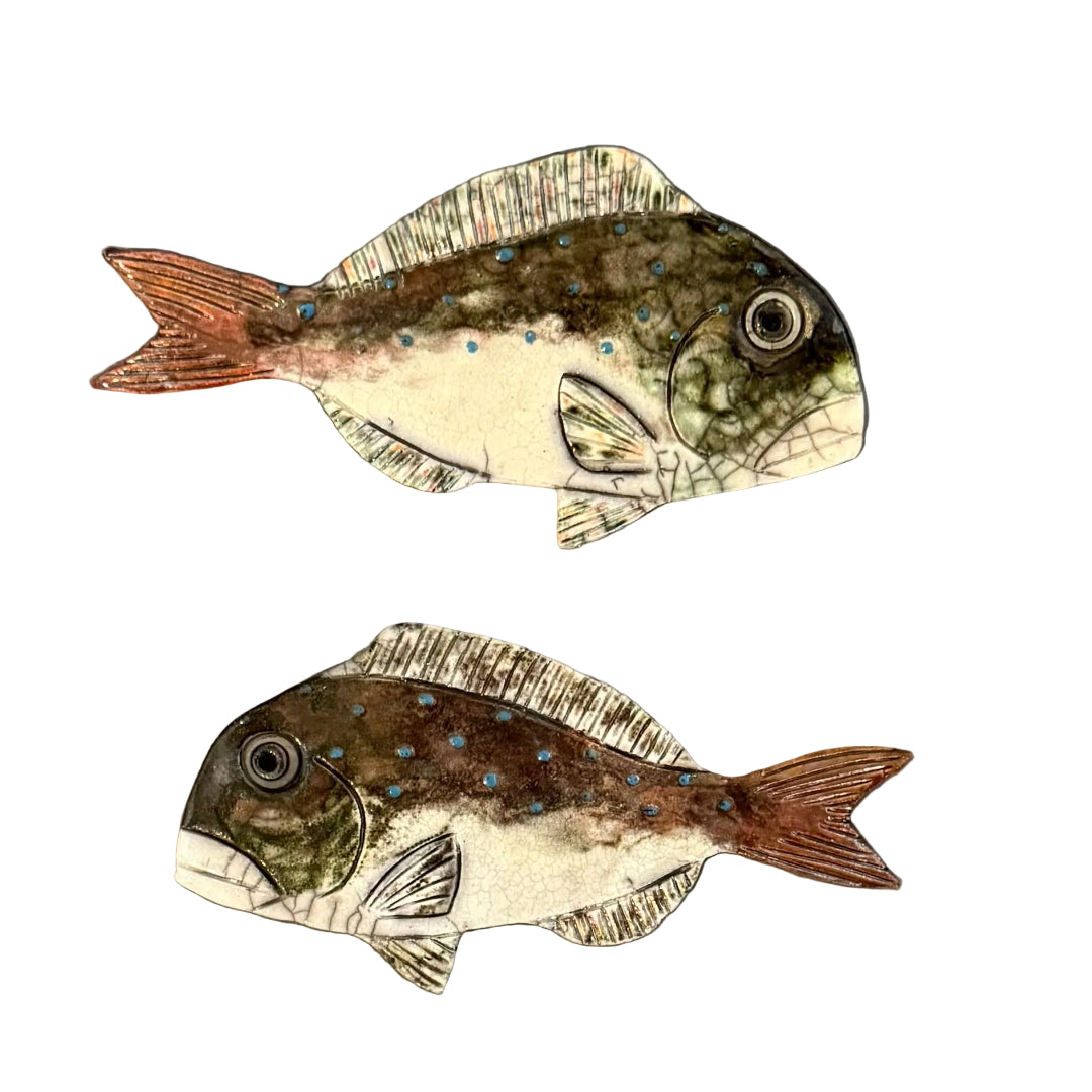 Two colourful ceramic Snapper shaped wall tiles on a white background