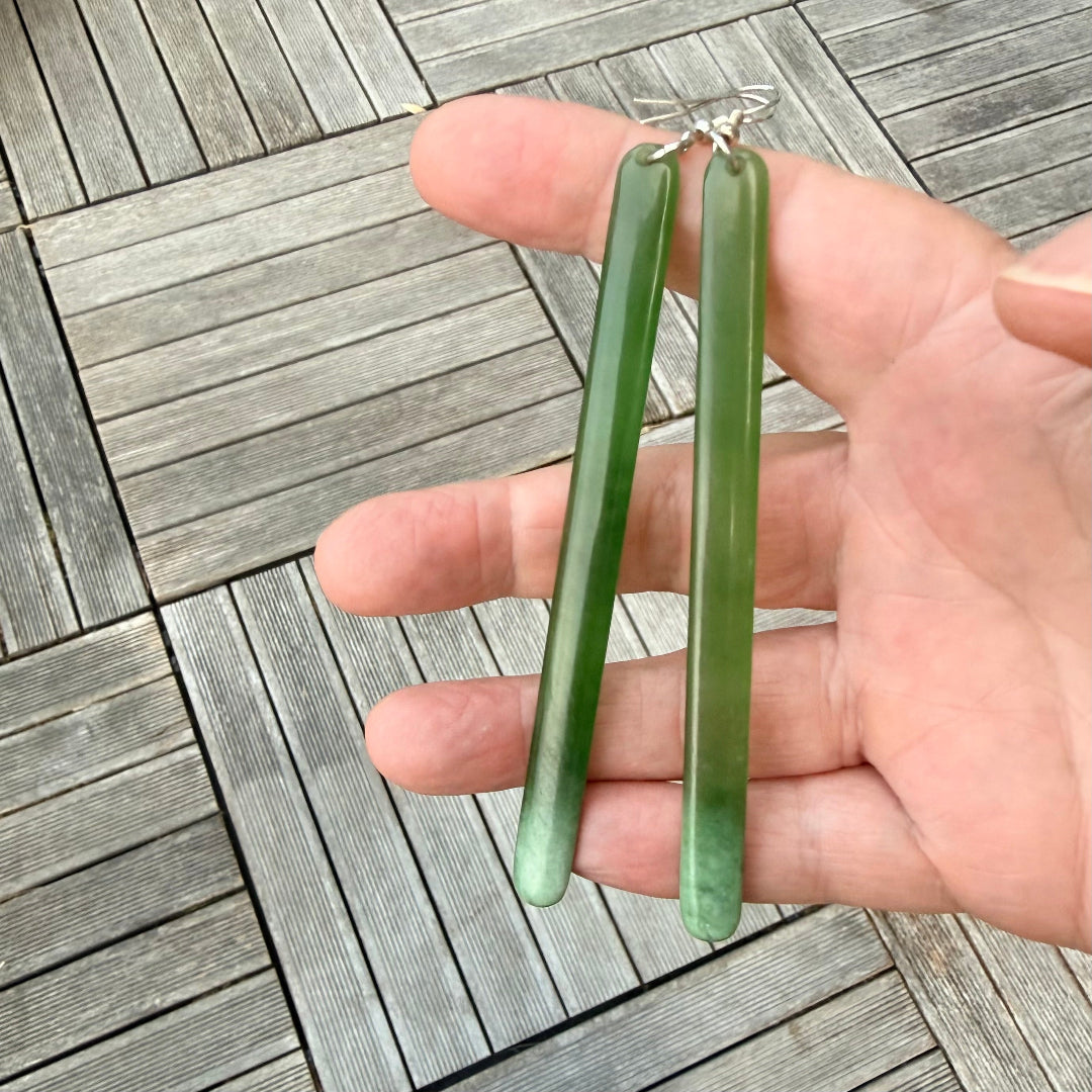 Slender Pounamu Drop Earrings 12cm