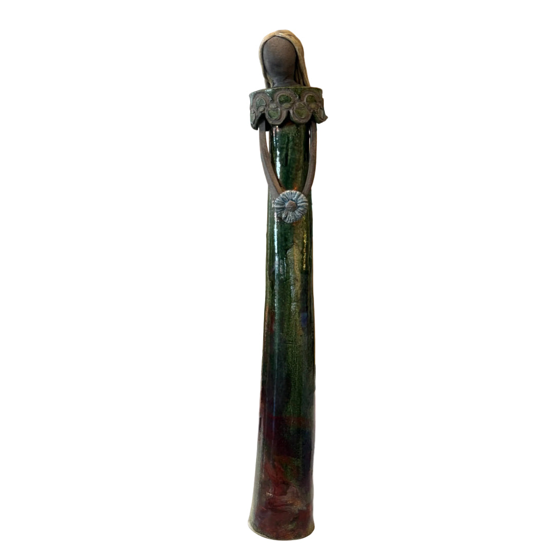 Ceramic Tall Lady Sculpture Holding Flower On A White Background