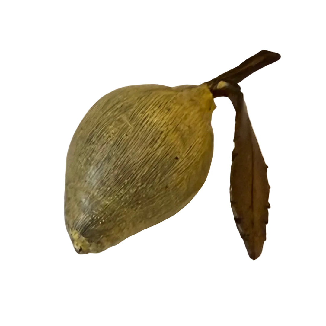 Miniature yellow painted cast bronze lemon with a leaf on a white background