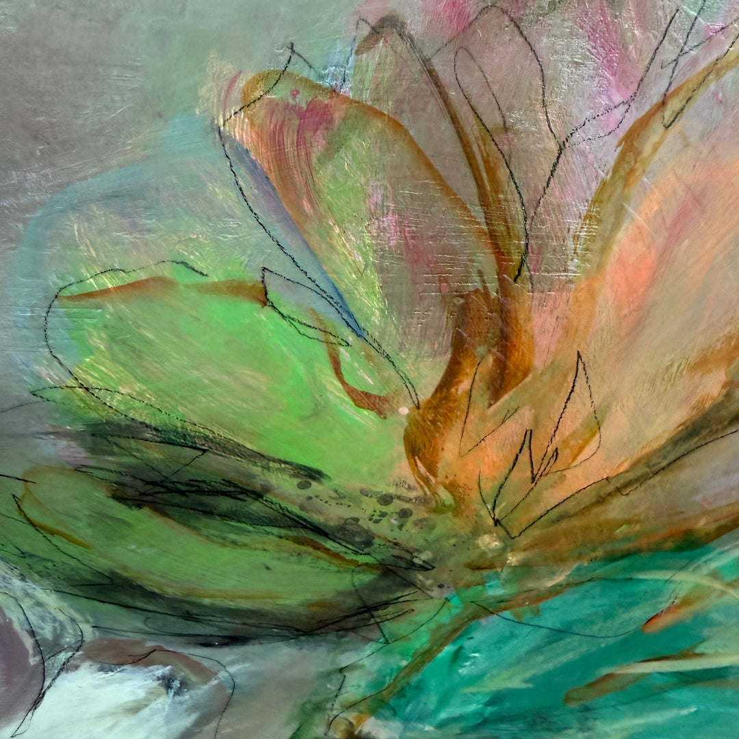 Abstract painting with colorful brush strokes on a textured surface